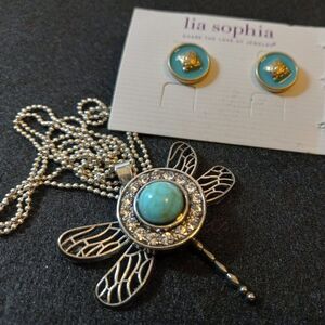 Dragonfly Snap Necklace & Lia Sophia Earrings Silver Tone Metal Cottagecore